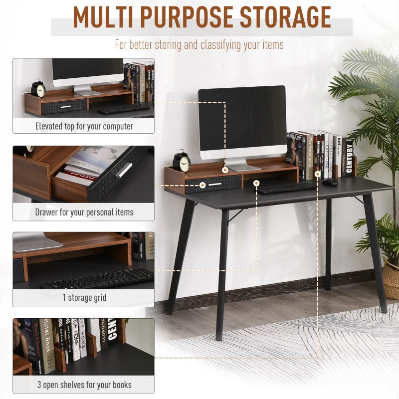 Black Compact Computer Desk with Monitor Stand and Storage