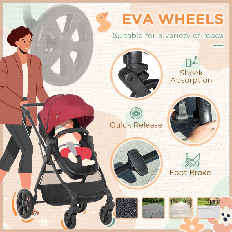 Red Foldable Baby Stroller with Reclining Backrest and Adjustable Canopy