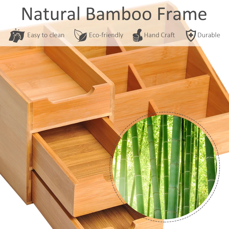 Natural Wood Desk Organizer with 7 Compartments and 2 Drawers