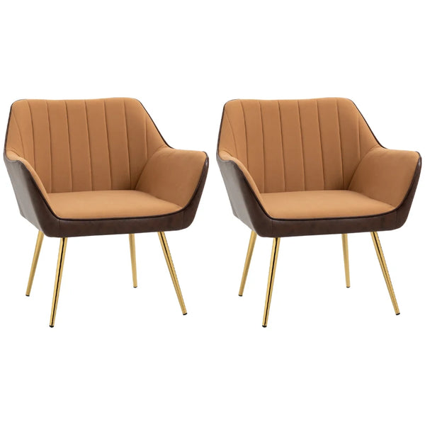 Golden Steel Leg Velvet Armchairs, Set of 2, Light Brown