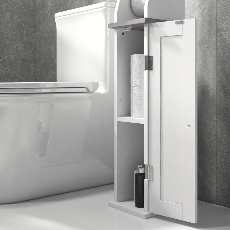 White Bathroom Floor Cabinet with Cupboard, Roll Holder & Adjustable Shelf