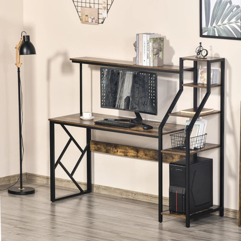 Rustic Brown Industrial Computer Desk with 6 Tier Shelves