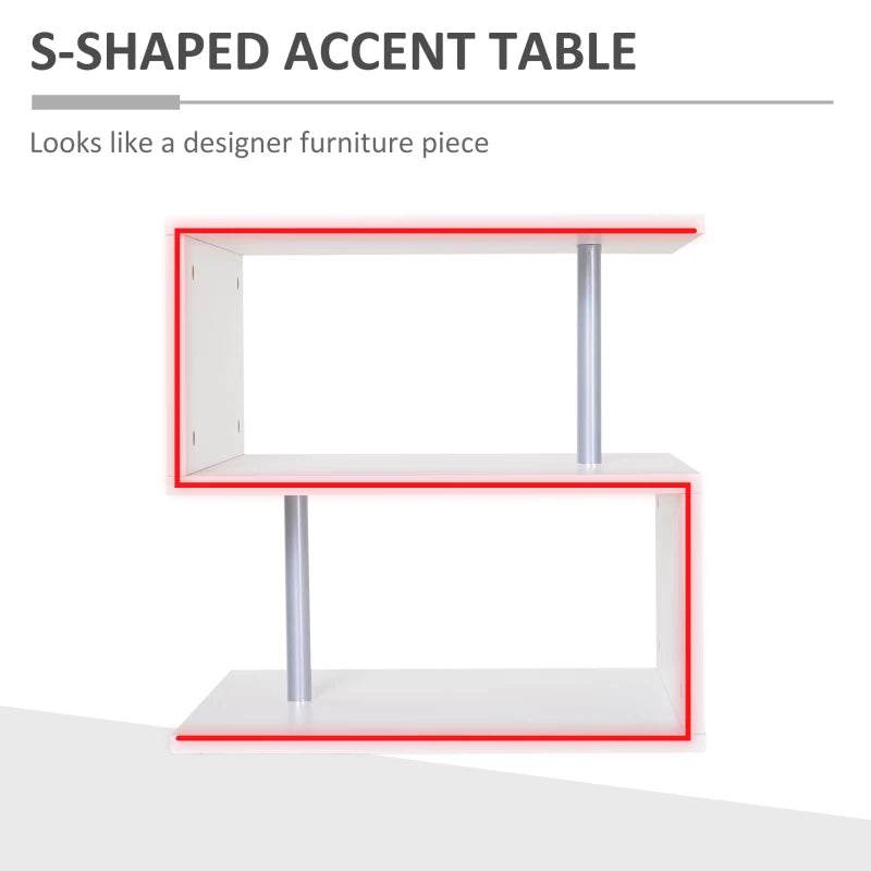 White Wooden S-Shaped Coffee Table with 2-Tier Storage Shelves
