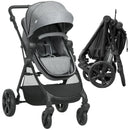 Grey Foldable Baby Stroller with Reclining Backrest and Adjustable Canopy