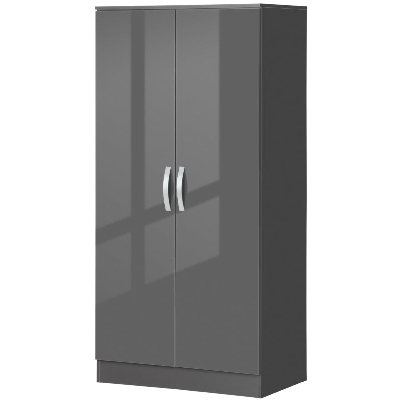 Grey High Gloss 2-Door Wardrobe with Hanging Rod and Storage Shelf