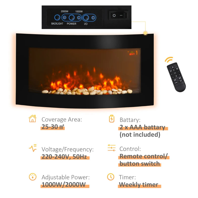 Curved Glass Electric Fireplace with 7 Colour Side Lights, 1000/2000W, 89.2cm x 48cm