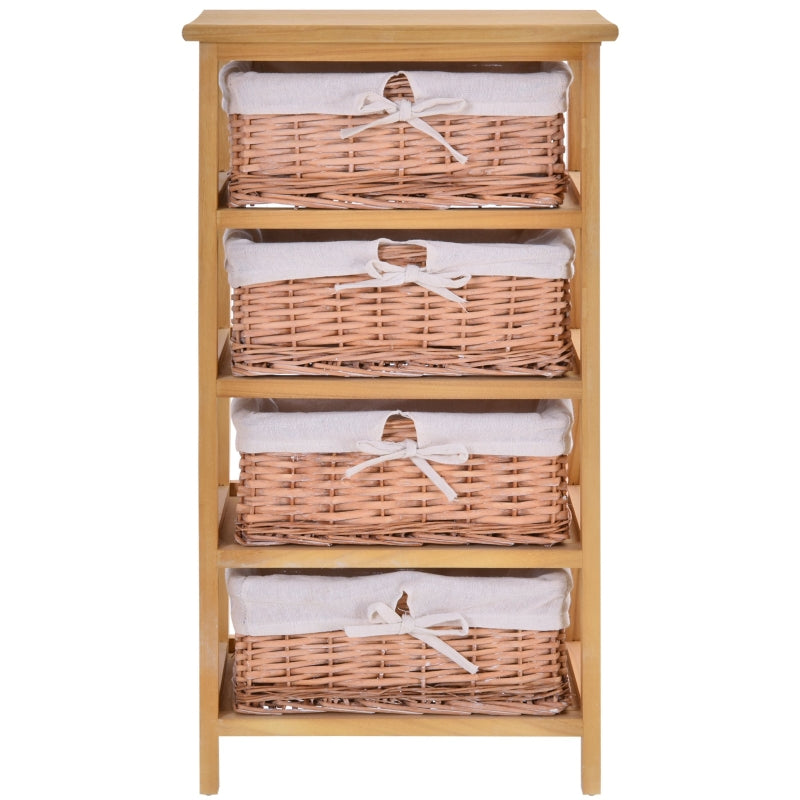 4-Drawer Wicker Basket Storage Unit - Natural Wood Finish