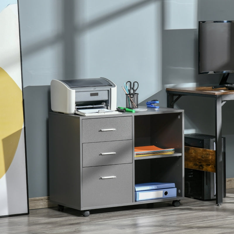 Grey Mobile Printer Stand with 3 Drawers and 2 Shelves - Modern Office Storage