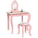 Kids Pink Dressing Table Set with Mirror, Stool, Drawer - Cute Animal Design