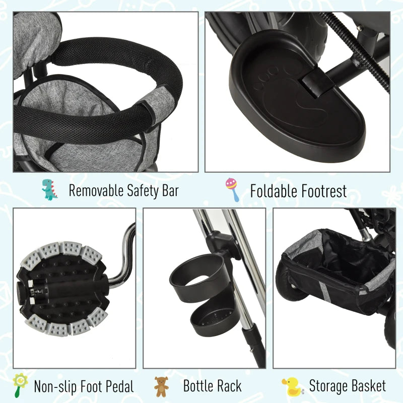 Grey 2-in-1 Cloth Tricycle Stroller for Toddlers