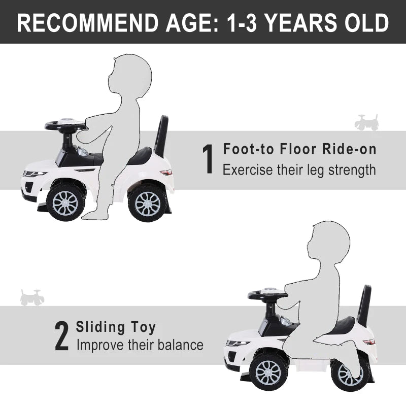 White Toddler Ride-On Car with Horn and Storage