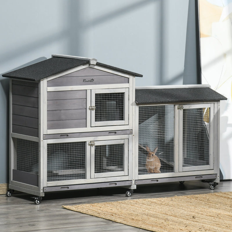 Wooden Small Pet Hutch with Wheels and Run - Brown