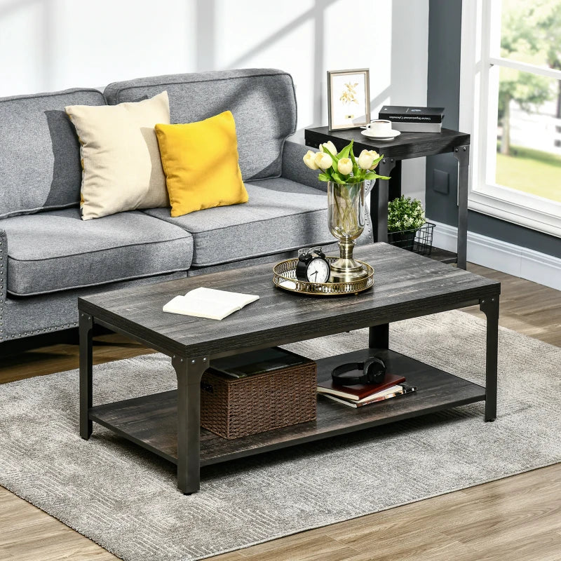 Rustic Dark Walnut Coffee Table with Storage Shelf and Steel Frame
