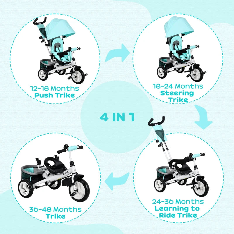 Green 6-in-1 Kids Trike with Push Handle & Canopy