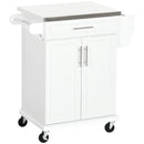 White Wooden Kitchen Island Cart with Stainless Steel Top and Storage