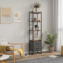 Black Four-Tier Industrial Display Shelf with Drawers