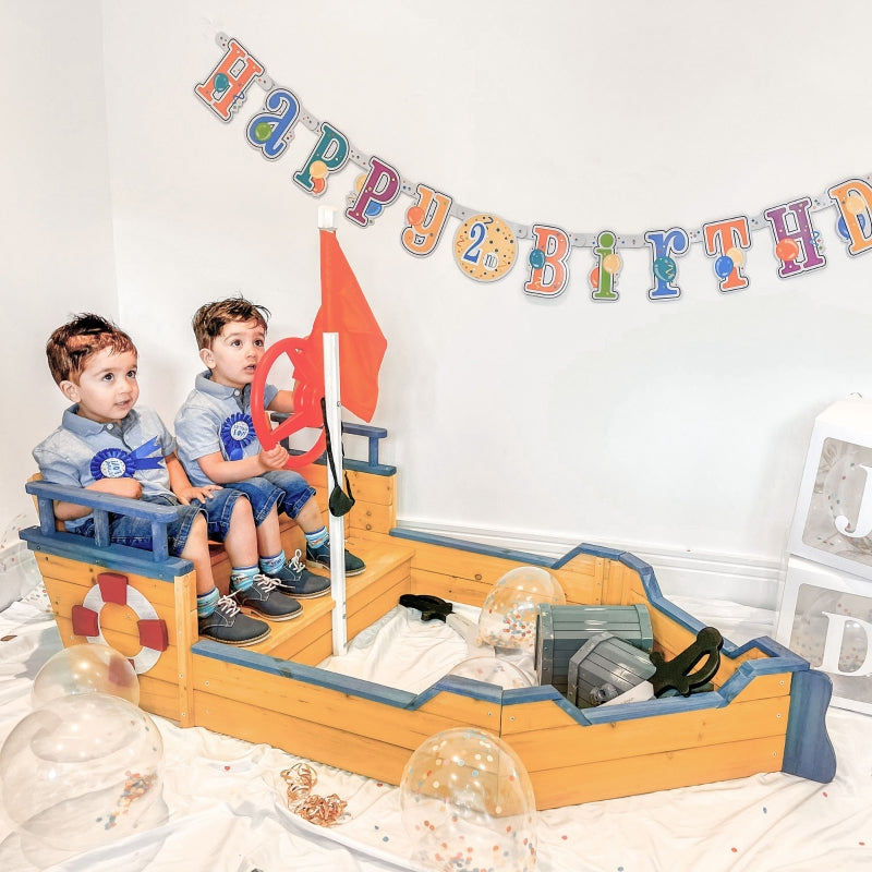 Wooden Pirate Ship Sand Pit - Blue Outdoor Kids Sandboat Playset