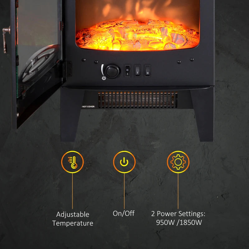 Black Glass Electric Fireplace Heater with Artificial Flame Effect