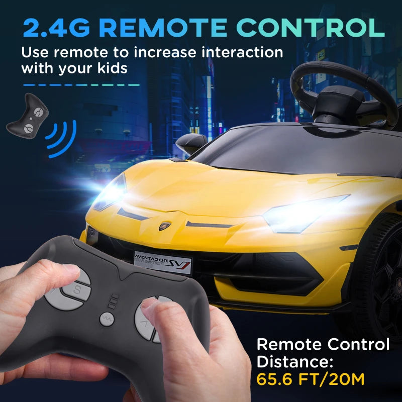 Yellow 12V Kids Electric Car with Butterfly Doors, Remote Control, Music, Horn, Suspension