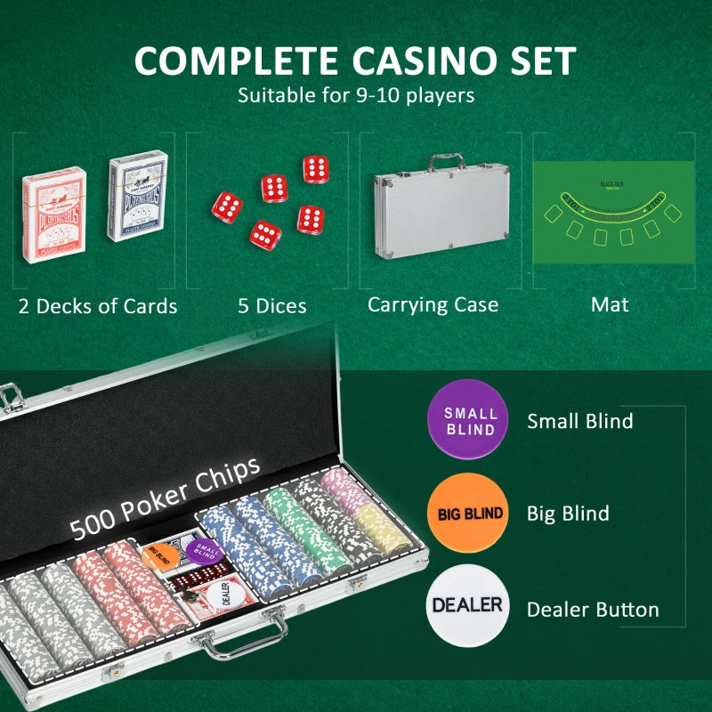 500-Piece Poker Chips Set with Mat, Cards, Dealer & Dices - Red