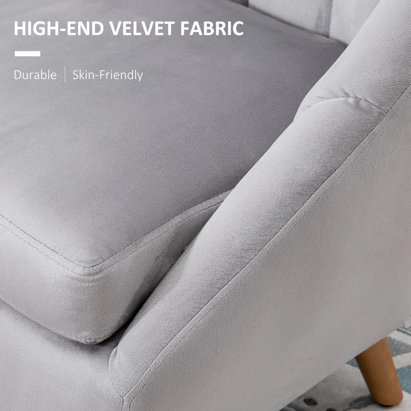 Grey Velvet Accent Armchair with Solid Wood Legs