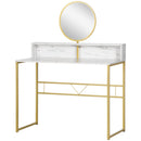 White Modern Vanity Dressing Table with Round Mirror and Faux Marble Texture