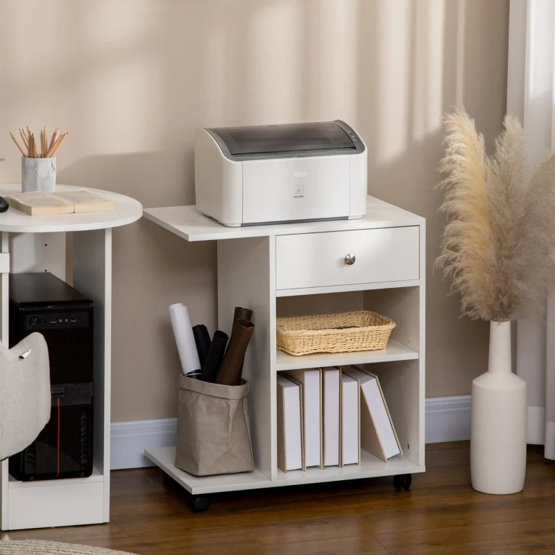 White Mobile Printer Stand with CPU Stand and Drawer