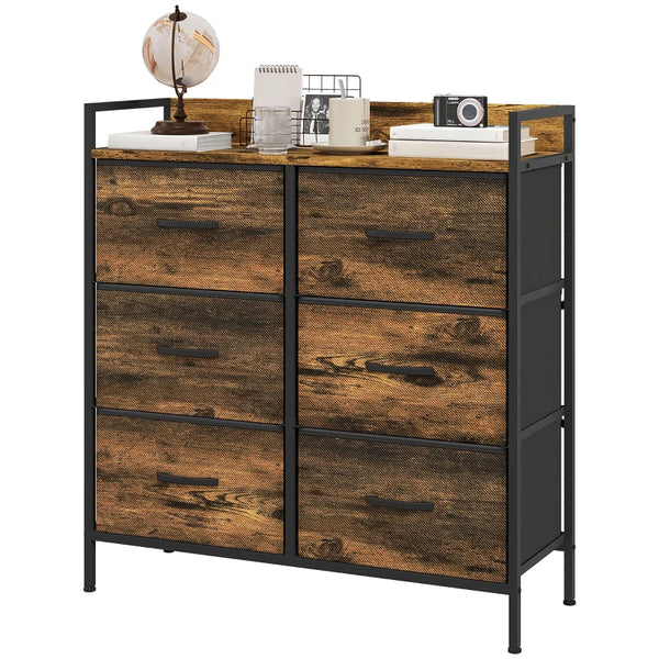 Rustic Brown Wood Effect 6-Drawer Fabric Chest