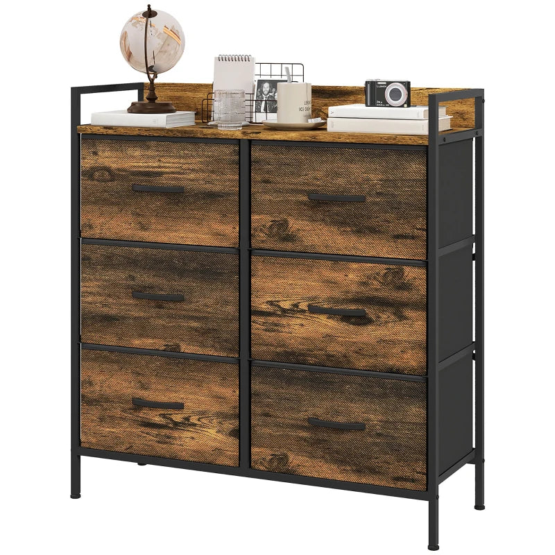 Rustic Brown Wood Effect 6-Drawer Fabric Chest