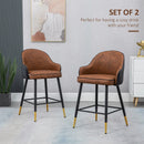 Brown Upholstered Leather Bar Stools Set of 2 with Tufted Back