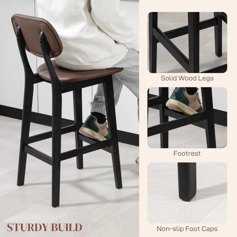 Brown Faux Leather Breakfast Bar Stools Set of 2 with Backs and Solid Wood Legs