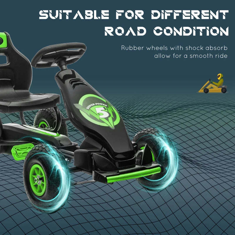 Green Kids Pedal Go Kart with Adjustable Seat and Inflatable Tyres