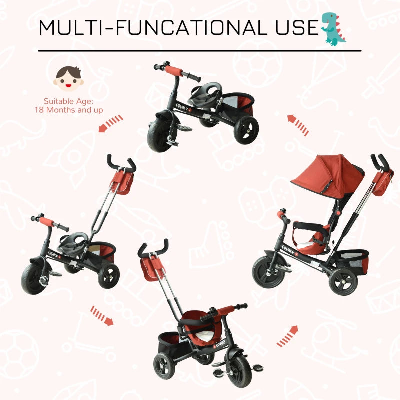 Red 4-in-1 Kids Tricycle with Parent Handle and Canopy