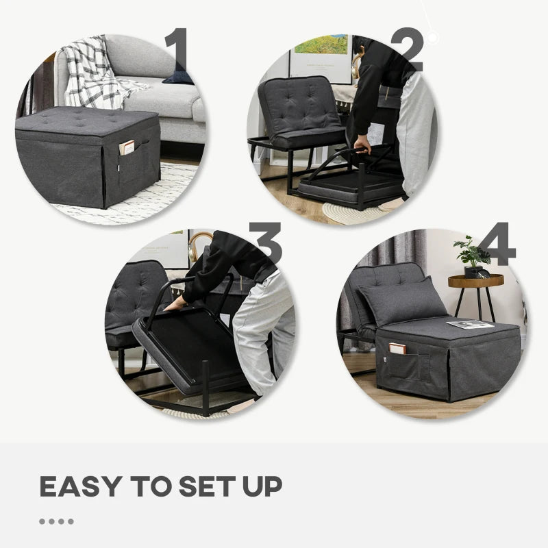 Charcoal Grey Fabric Sleeper Chair with Adjustable Backrest and Side Pockets