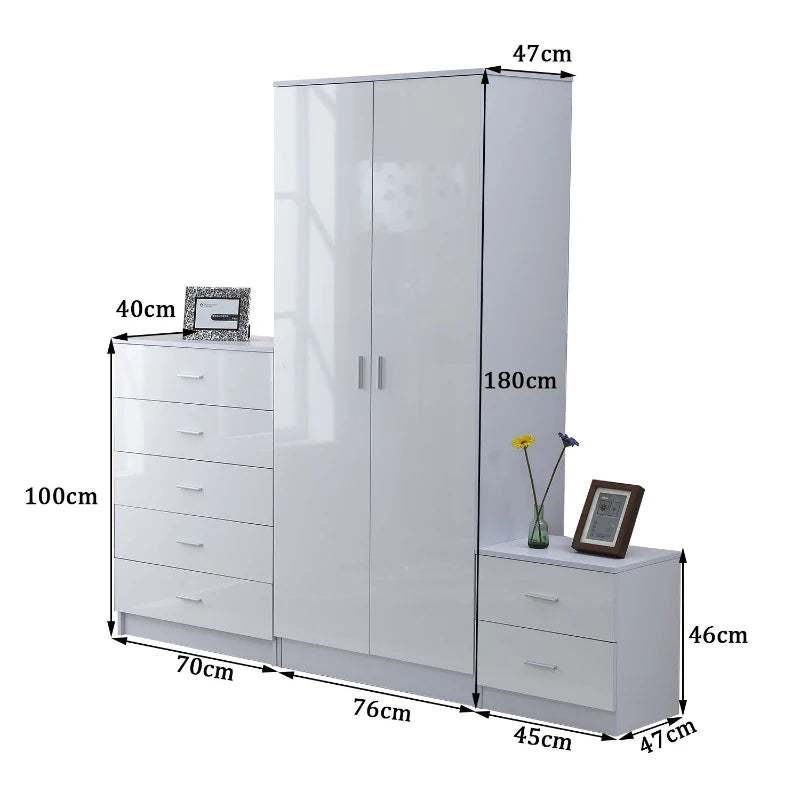 White High Gloss 3-Piece Bedroom Furniture Set: Wardrobe, Chest of Drawers, Bedside