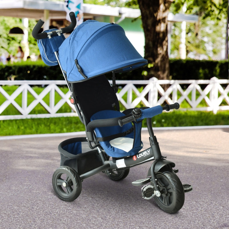 Blue 4-in-1 Kids Tricycle with Parent Handle, Canopy, and Safety Belt