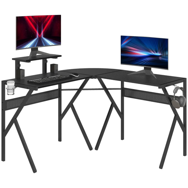 Black L-Shaped Gaming Desk with Monitor Stand and Cup Holder