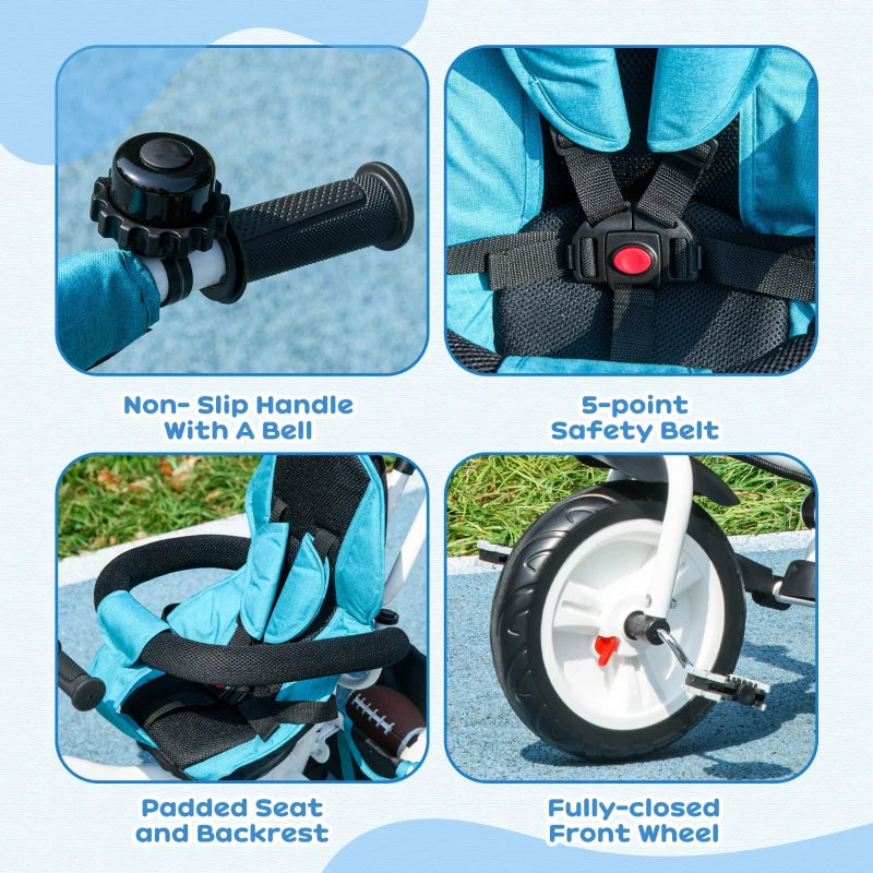 Blue 6-in-1 Kids Trike with Push Handle, Canopy, Safety Belt, Storage, Footrest, Brake
