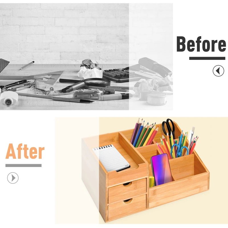 Natural Wood Desk Organizer with 7 Compartments and 2 Drawers