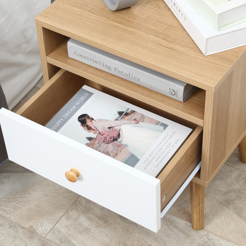 Natural Wood Bedside Table with Drawer and Shelf