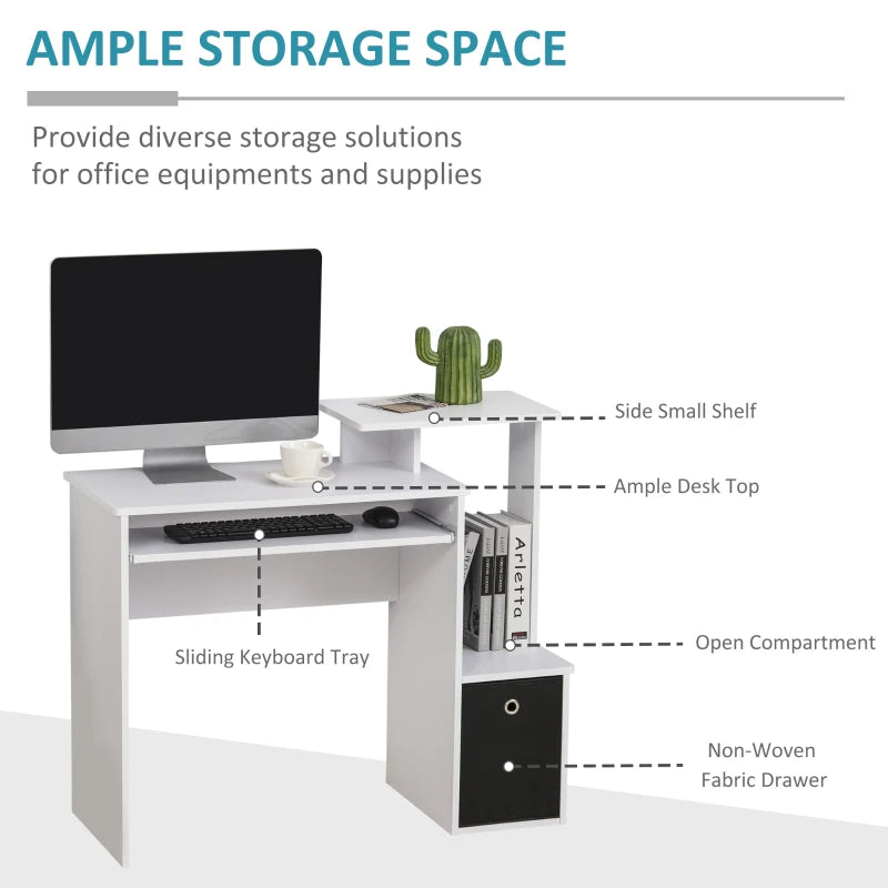 White Computer Desk with Sliding Keyboard Tray & Storage Drawer