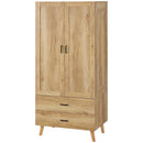 Natural 2-Door Wardrobe with Drawers and Hanging Rail for Bedroom