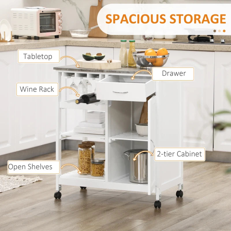 White Kitchen Trolley Cart with Wine Rack and Storage
