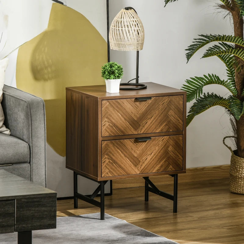 Brown 2-Drawer Side Cabinet Storage Table with Metal Handles