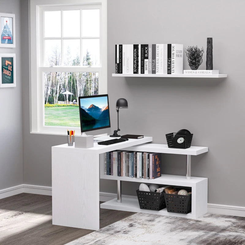 White L-Shaped Rotating Corner Desk with Storage Shelf