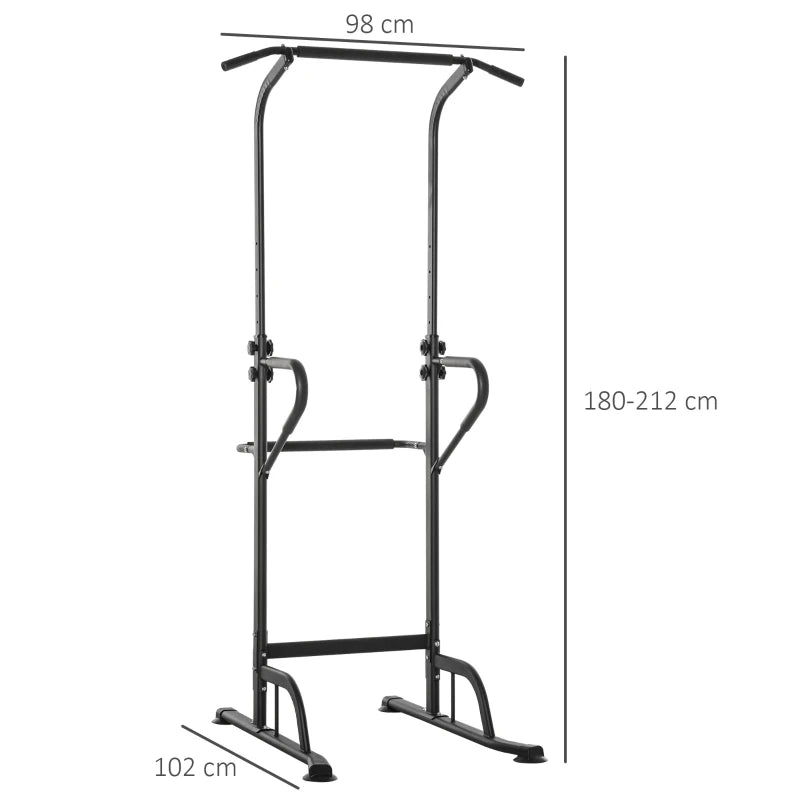 Black Power Tower Dip Station Pull Up Bar - Adjustable Height Home Gym Equipment