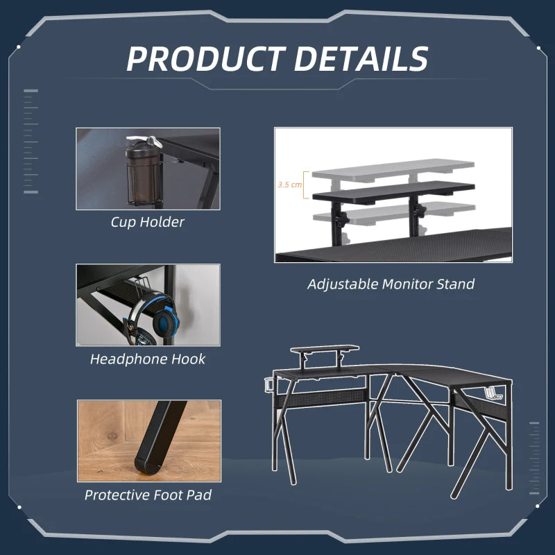 Black L-Shaped Gaming Desk with Monitor Stand and Cup Holder