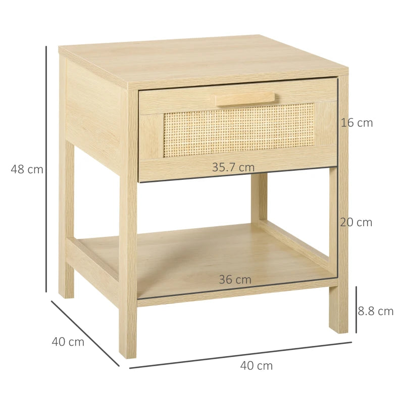 Rattan Drawer Nightstand with Storage Shelf - White