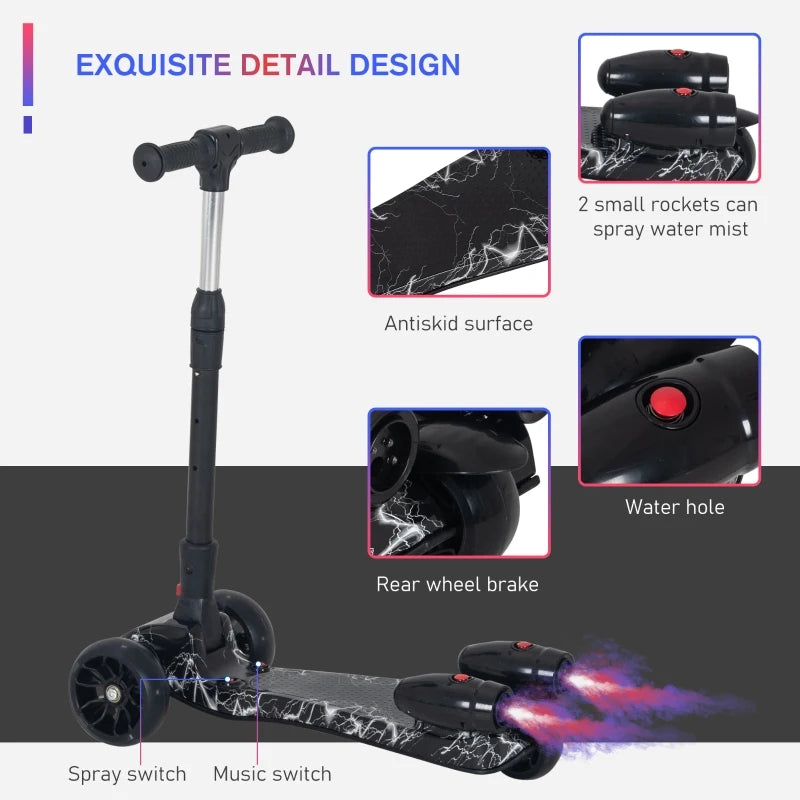 Black Kids 3-Wheel Scooter with Adjustable Height and Engine-Look Water Spray