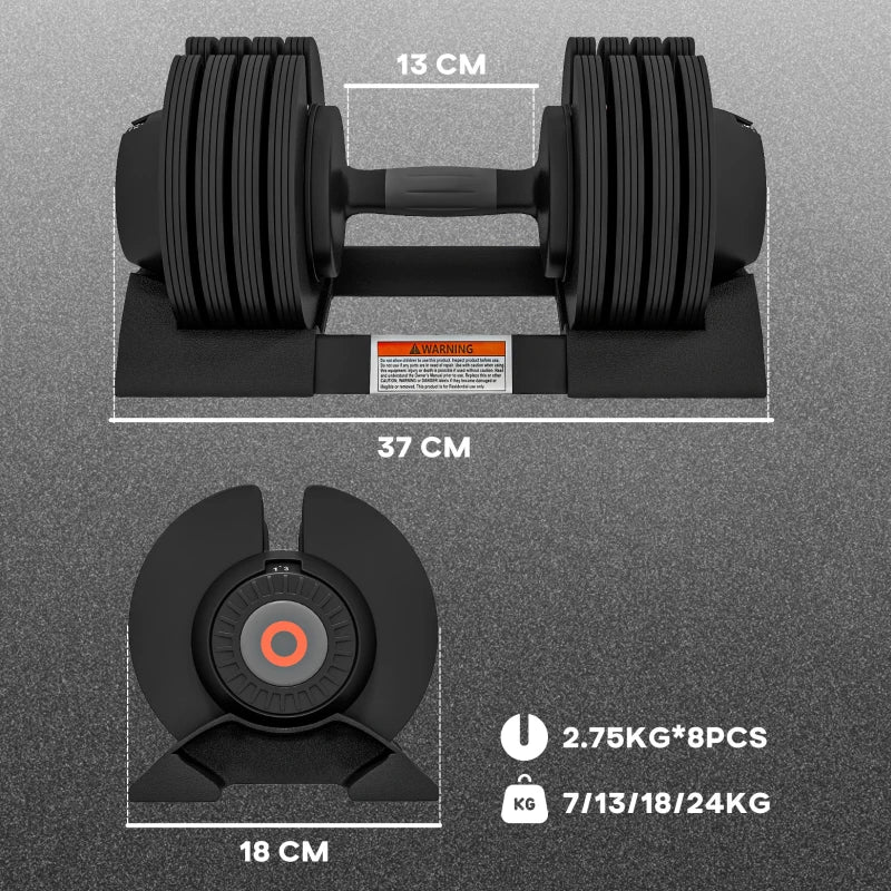 Adjustable Dumbbells Set with Storage Tray, Non-Slip Handle - 4-in-1 Weights, 7KG-24KG
